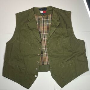 Vintage Tommy Hilfiger Men’s XL 100% Cotton Vest Olive Green Plaid Striped Y2K